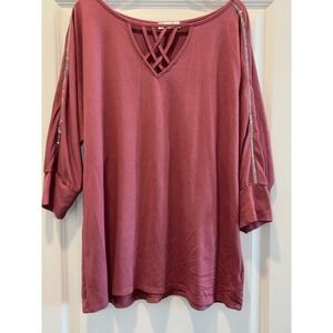 89th + Madison Blouse Top Womens 2X Maroon Criss Cross V Neck Dolman Sleeve